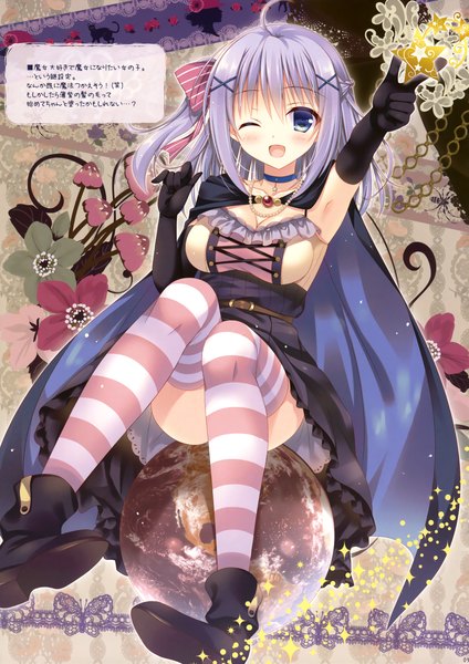 Anime picture 2471x3500 with mitsu king single long hair tall image looking at viewer blush highres open mouth blue eyes one eye closed grey hair wink scan official art girl thighhighs dress gloves bow hair bow