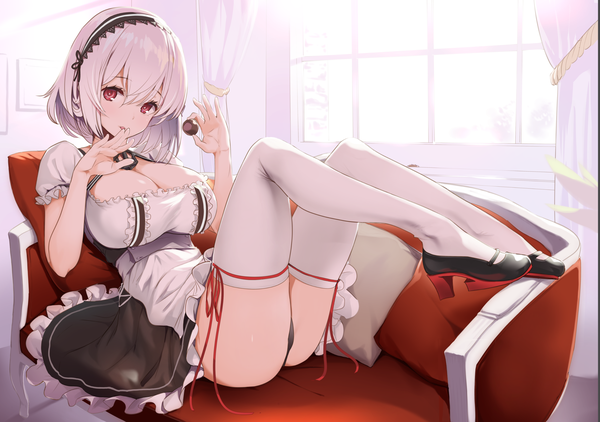 Anime picture 2976x2094 with azur lane sirius (azur lane) nylon single looking at viewer blush fringe highres short hair breasts light erotic hair between eyes red eyes large breasts cleavage silver hair full body indoors maid high heels