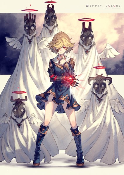 Anime picture 1500x2121 with original kusano shinta single tall image looking at viewer fringe short hair blonde hair smile hair between eyes red eyes standing long sleeves arm up hair over one eye white wings girl dress gloves wings