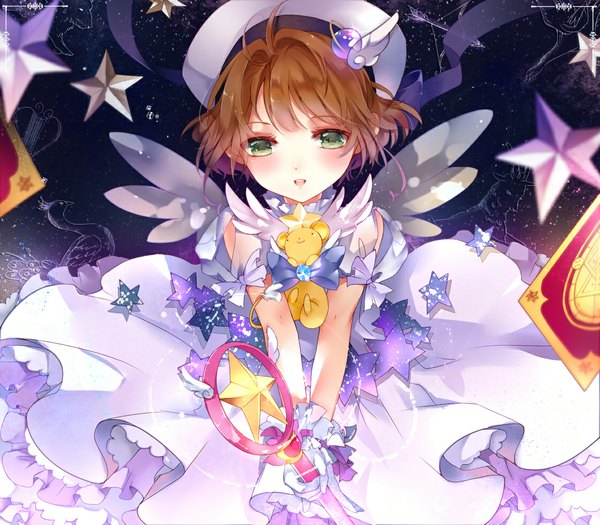 Anime picture 1120x980 with card captor sakura clamp kinomoto sakura 041 single blush short hair brown hair green eyes sky looking down constellation girl dress bow wings star (symbol) star (stars) beret card (cards)