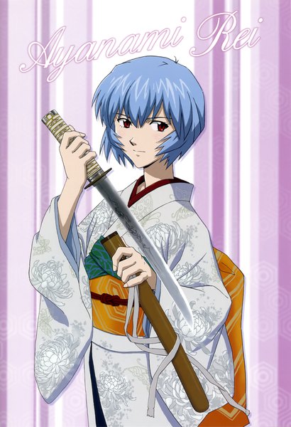 Anime picture 2791x4084 with neon genesis evangelion gainax ayanami rei single tall image looking at viewer blush fringe highres short hair hair between eyes red eyes standing holding blue hair traditional clothes japanese clothes wide sleeves official art character names