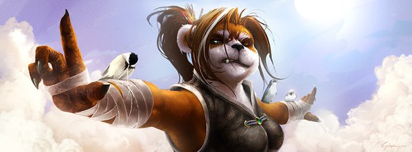 Anime picture 851x315 with world of warcraft blizzard entertainment pandaren monk (warcraft) krysdecker (krystopher decker) brown hair wide image looking away sky cloud (clouds) ponytail traditional clothes one eye closed fang (fangs) chinese clothes bird on hand animal bird (birds) bandage (bandages) vest