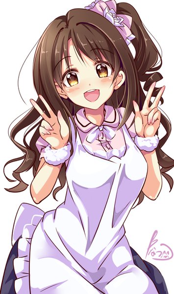 Anime picture 900x1520 with idolmaster idolmaster cinderella girls shimamura uzuki natsu (anta tte hitoha) single long hair tall image looking at viewer blush open mouth simple background brown hair white background brown eyes :d teeth one side up victory girl apron