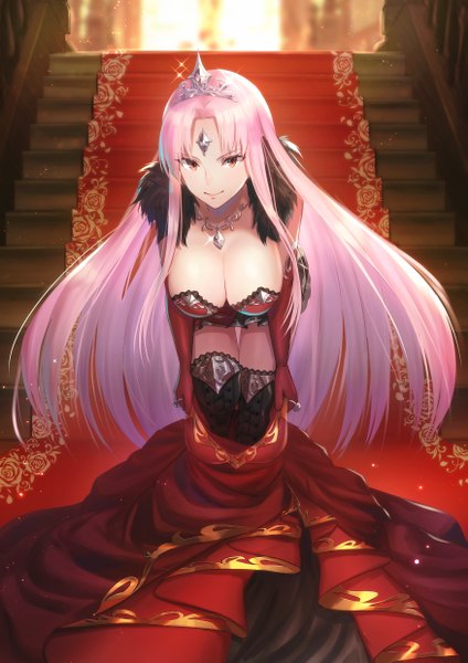 Anime picture 1750x2479 with original dolce (dolsuke) single long hair tall image looking at viewer highres breasts light erotic smile large breasts standing holding payot pink hair cleavage full body indoors pink eyes sparkle
