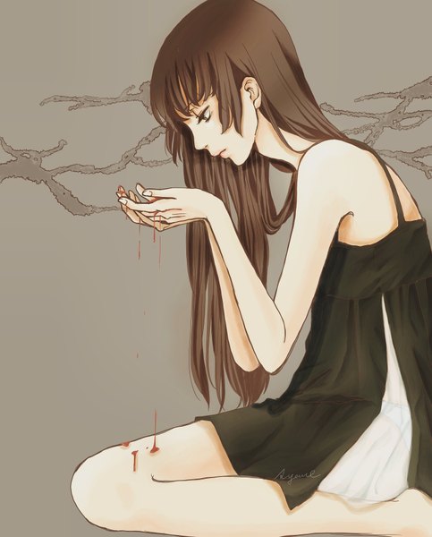 Anime picture 1378x1712 with original oto ko neco single long hair tall image fringe simple background brown hair sitting bare shoulders brown eyes signed payot bent knee (knees) profile barefoot grey background bare legs looking down seiza