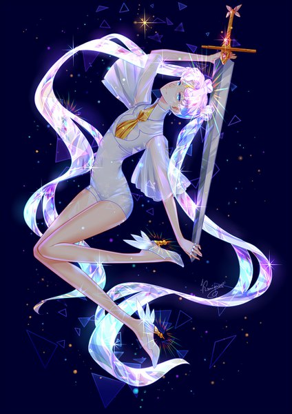 Anime picture 919x1300 with bishoujo senshi sailor moon houseki no kuni toei animation sailor cosmos kaminary single tall image looking at viewer blue eyes twintails holding signed pink hair silver hair full body bent knee (knees) very long hair head tilt multicolored hair arm up