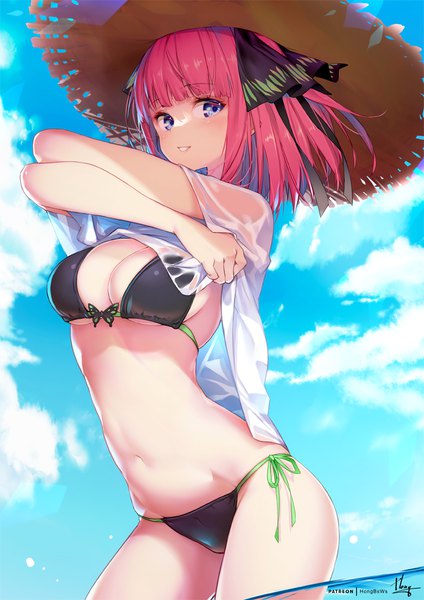 Anime picture 707x1000 with go-toubun no hanayome nakano nino hong (white spider) single tall image fringe short hair breasts blue eyes light erotic smile large breasts standing signed pink hair sky cloud (clouds) outdoors blunt bangs two side up