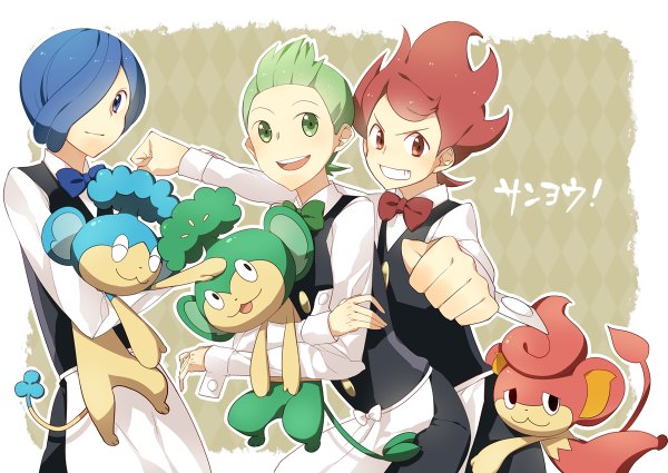 Anime picture 1200x850 with pokemon pokemon black and white nintendo pansage dent (pokemon) corn (pokemon) pansear pod (pokemon) panpour yamaki suzume looking at viewer fringe open mouth blue eyes smile red eyes green eyes blue hair red hair green hair