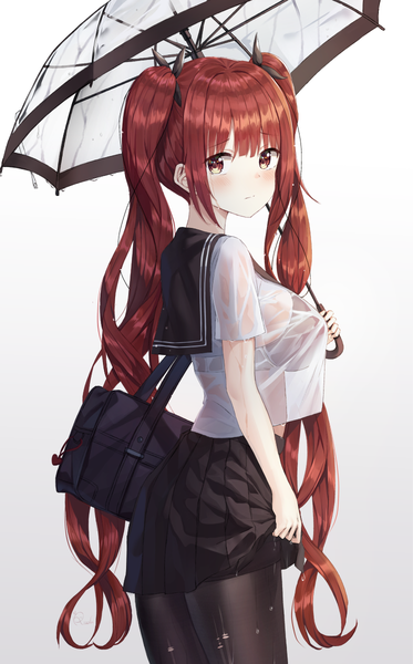 Anime picture 746x1200 with azur lane honolulu (azur lane) honolulu (umbrella girl) (azur lane) ruda (ruda e) single long hair tall image looking at viewer blush fringe breasts light erotic simple background red eyes large breasts white background twintails holding red hair pleated skirt