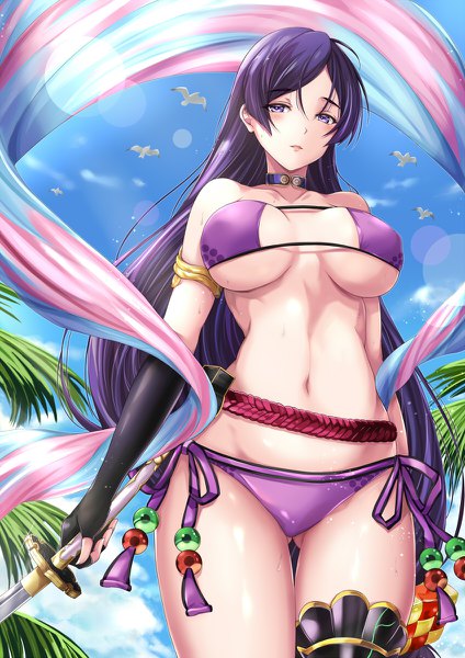 Anime picture 848x1200 with fate (series) fate/grand order minamoto no raikou (fate) minamoto no raikou (swimsuit lancer) (fate) taka-kun single long hair tall image looking at viewer blush fringe breasts open mouth light erotic hair between eyes large breasts standing purple eyes bare shoulders holding