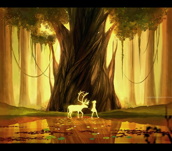 Anime picture 1130x1000 with original megatruh short hair blonde hair horn (horns) reflection letterboxed fantasy silhouette girl plant (plants) animal tree (trees) water forest water lily deer