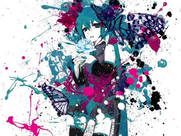 Anime picture 1600x1200 with vocaloid hatsune miku meola long hair fringe twintails very long hair aqua eyes aqua hair traditional media watercolor (medium) girl thighhighs skirt flower (flowers) black thighhighs detached sleeves necktie rose (roses) insect