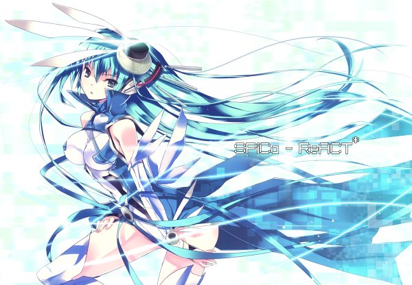 Anime picture 1200x832 with vocaloid spica (vocaloid) hatsune miku refeia blue eyes blue hair very long hair girl ribbon (ribbons)
