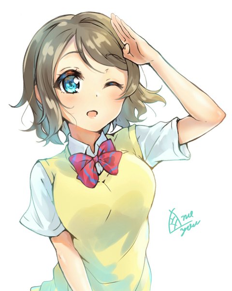 Anime picture 1000x1250 with love live! sunshine!! sunrise (studio) love live! watanabe you takenoko no you single tall image blush short hair open mouth blue eyes simple background brown hair white background signed upper body one eye closed wink salute girl