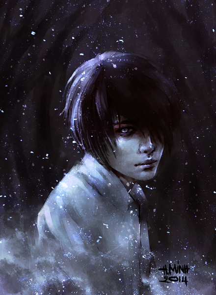 Anime picture 800x1090 with nanfe single tall image looking at viewer fringe short hair black hair purple eyes signed light smile hair over one eye realistic portrait pale skin boy shirt white shirt