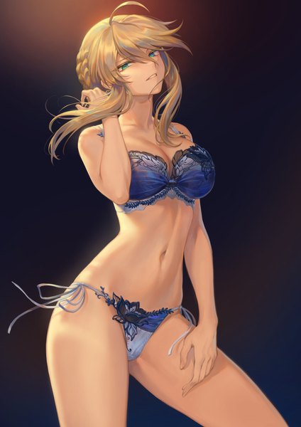 Anime picture 1302x1842 with fate (series) fate/grand order artoria pendragon (all) artoria pendragon (lancer) mashuu (neko no oyashiro) single tall image looking at viewer fringe short hair breasts blue eyes light erotic simple background blonde hair smile hair between eyes large breasts standing bare shoulders