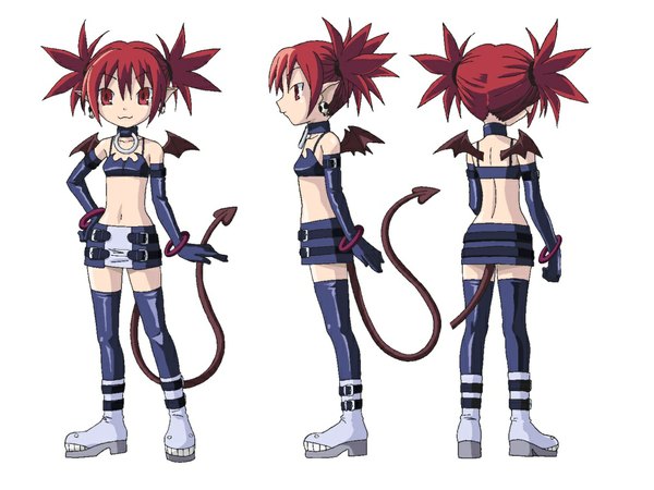 Anime picture 1024x768 with disgaea etna (disgaea) tagme (artist) looking at viewer fringe short hair simple background hair between eyes red eyes standing white background twintails bare shoulders looking away red hair tail profile bare belly back multiview