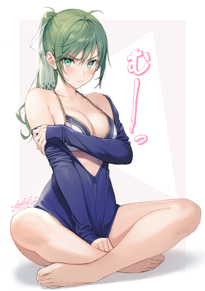 Anime picture 1190x1684 with original tokki single long hair tall image looking at viewer blush breasts light erotic sitting green eyes full body ahoge ponytail barefoot green hair off shoulder sweatdrop indian style girl