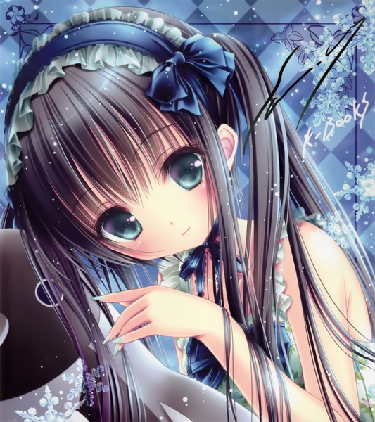 Anime picture 2500x2813 with original tinker bell single long hair tall image looking at viewer blush highres blue eyes black hair twintails bare shoulders nail polish fingernails loli snowing winter lolita fashion rhombus girl