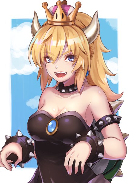 Anime picture 707x1000 with super mario bros. new super mario bros. u deluxe bowsette re (re 09) single long hair tall image looking at viewer blush fringe breasts open mouth blue eyes blonde hair hair between eyes bare shoulders payot sky cleavage cloud (clouds)