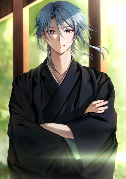 Anime picture 1447x2047 with genshin impact kamisato ayato pponnya single long hair tall image looking at viewer blue eyes standing silver hair upper body traditional clothes japanese clothes light smile mole crossed arms mole under mouth boy kimono