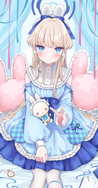 Anime picture 935x1800 with blue archive toki (blue archive) masshirokachi single long hair tall image looking at viewer blush fringe blue eyes blonde hair sitting animal ears blunt bangs bunny ears victory fake animal ears expressionless cute girl