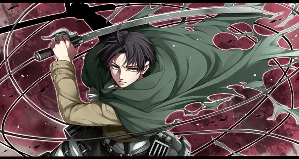 Anime picture 1500x800 with shingeki no kyojin production i.g levi (rivaille) takatsuki ichi single looking at viewer short hair blue eyes black hair wide image holding dual wielding boy weapon sword cloak