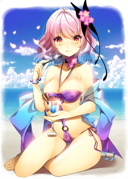Anime picture 1000x1403 with touhou saigyouji yuyuko roh nam kyung single tall image looking at viewer short hair breasts light erotic large breasts sitting bare shoulders pink hair cloud (clouds) barefoot hair flower bare legs orange eyes legs horizon