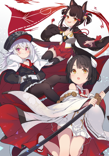 Anime picture 2025x2901 with azur lane akagi-chan (azur lane) zeppy (azur lane) hiei-chan (azur lane) neme1228 long hair tall image looking at viewer blush highres short hair open mouth black hair simple background smile white background twintails multiple girls animal ears yellow eyes