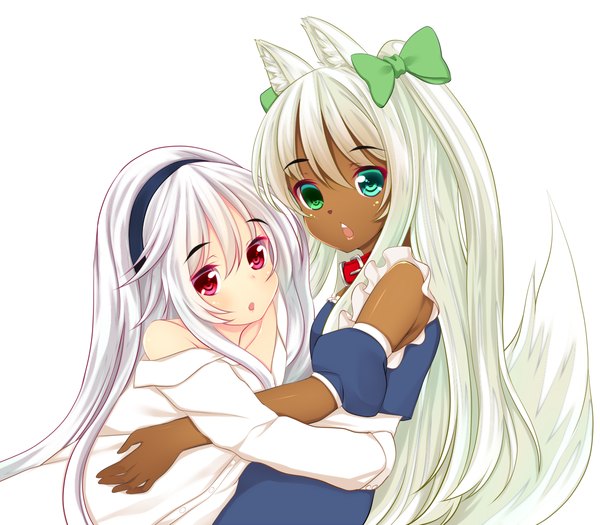 Anime picture 1200x1051 with original afilia (kiyomin) kiyomin long hair looking at viewer open mouth blue eyes white background multiple girls green eyes animal ears white hair animal tail pink eyes hug heterochromia girl bow 2 girls hair bow