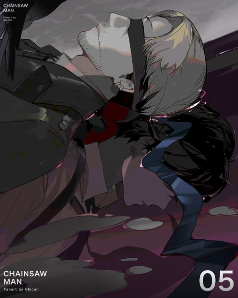 Anime picture 1000x1250 with chainsaw man mappa kishibe (chainsaw man) glycan single tall image short hair black hair signed grey hair copyright name piercing ear piercing reflection scar blindfold different reflection boy animal bird (birds)