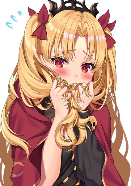 Anime picture 1448x2048 with fate (series) fate/grand order ereshkigal (fate) hizuki higure single long hair tall image looking at viewer blush fringe simple background blonde hair red eyes white background holding upper body two side up covered mouth holding hair girl