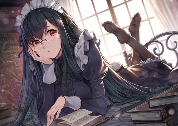 Anime picture 1433x1013 with original hagure keg single long hair looking at viewer blush fringe breasts black hair hair between eyes red eyes indoors lying long sleeves parted lips sunlight maid dutch angle puffy sleeves soles