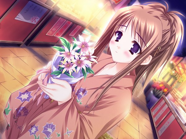 Anime picture 1024x768 with nursery rhyme tomoe yukina brown hair purple eyes game cg japanese clothes kimono