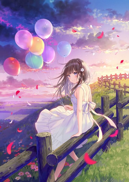 Anime-Bild 1358x1920 mit original fukahire (ruinon) single long hair tall image looking at viewer blush fringe breasts blue eyes smile brown hair sitting bare shoulders holding sky cloud (clouds) outdoors braid (braids) looking back
