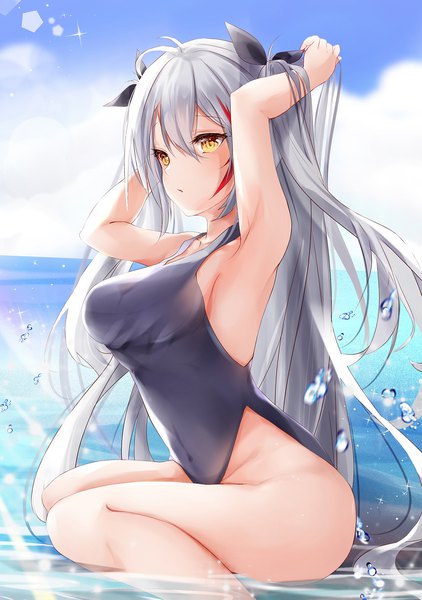 Anime picture 1247x1772 with azur lane prinz eugen (azur lane) mutang single long hair tall image blush fringe breasts light erotic hair between eyes large breasts sitting yellow eyes payot looking away sky silver hair cloud (clouds) bent knee (knees)