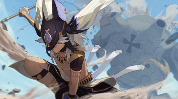 Anime picture 1200x665 with genshin impact cyno (genshin impact) ruin guard (genshin impact) zakkuri single long hair red eyes wide image looking away silver hair outdoors traditional clothes dark skin dust hat over eyes egyptian clothes boy hat headdress
