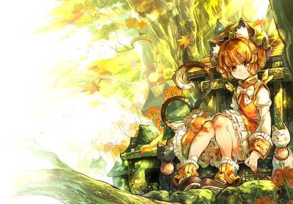 Anime picture 1700x1182 with touhou chen im (badmasa) single looking at viewer short hair smile brown hair sitting animal ears full body outdoors tail animal tail cat ears cat tail orange eyes multiple tails autumn nekomata