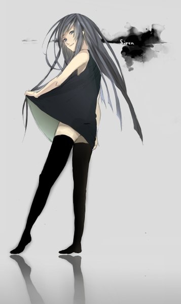 Anime picture 1484x2492 with forbidden siren kajiro miyako single long hair tall image blue eyes smile looking back grey hair no shoes girl thighhighs black thighhighs