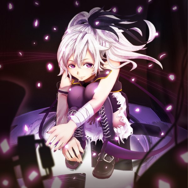 Anime picture 1500x1500 with vocaloid flower (vocaloid) abellico single long hair looking at viewer black hair smile sitting purple eyes bare shoulders bent knee (knees) white hair ponytail multicolored hair two-tone hair squat girl boots thigh boots