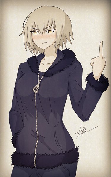 Anime picture 718x1148 with fate (series) fate/grand order jeanne d'arc (fate) (all) jeanne d'arc alter (fate) harashu single tall image blush fringe short hair simple background blonde hair hair between eyes standing signed yellow eyes upper body hand in pocket middle finger girl