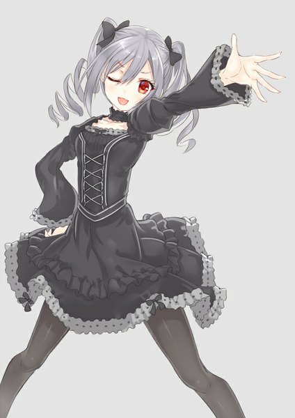 Anime picture 566x800 with idolmaster idolmaster cinderella girls kanzaki ranko arudehido single tall image looking at viewer blush open mouth simple background red eyes twintails one eye closed wink grey background hand on hip outstretched arm drill hair lolita fashion goth-loli