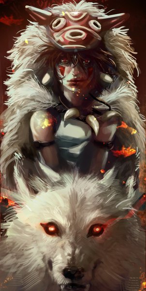 Anime picture 1650x3273 with mononoke hime studio ghibli san leopinheiro single tall image looking at viewer fringe short hair red eyes brown hair lips teeth fang (fangs) glowing glowing eye (eyes) mask on head face paint riding girl