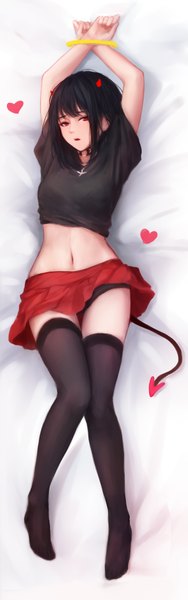 Anime picture 1200x3822 with original shimmer single tall image looking at viewer fringe short hair open mouth light erotic black hair red eyes full body tail horn (horns) from above arms up bare belly no shoes thigh gap demon tail