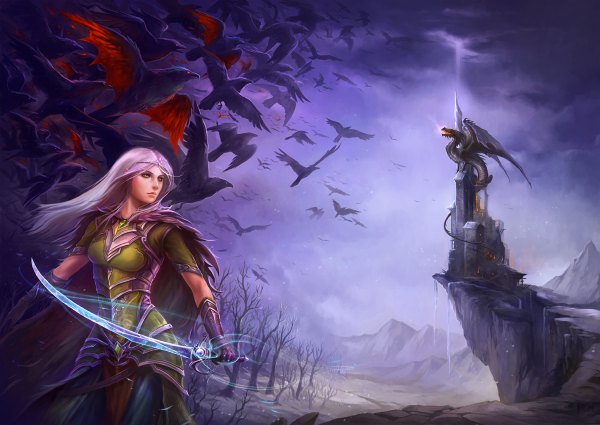 Anime picture 1200x850 with the nightmares of winter (book) sandara long hair green eyes sky silver hair cloud (clouds) pointy ears mountain landscape girl animal sword tree (trees) bird (birds) blood forest dragon castle crow