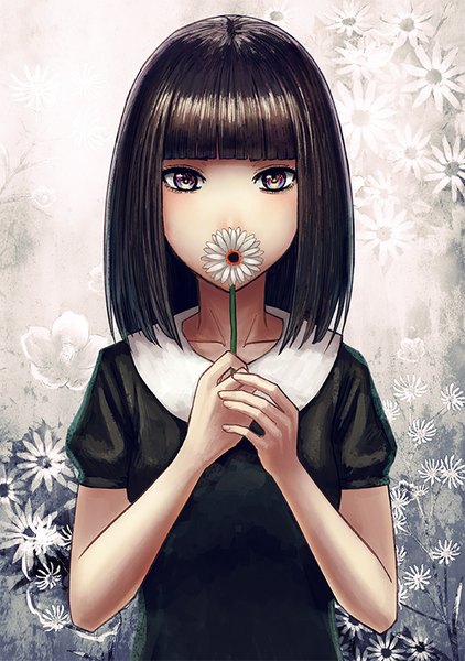 Anime picture 563x800 with original menka single tall image looking at viewer fringe short hair black hair holding upper body blunt bangs short sleeves grey eyes puffy sleeves floral print covered mouth shiny girl dress flower (flowers)