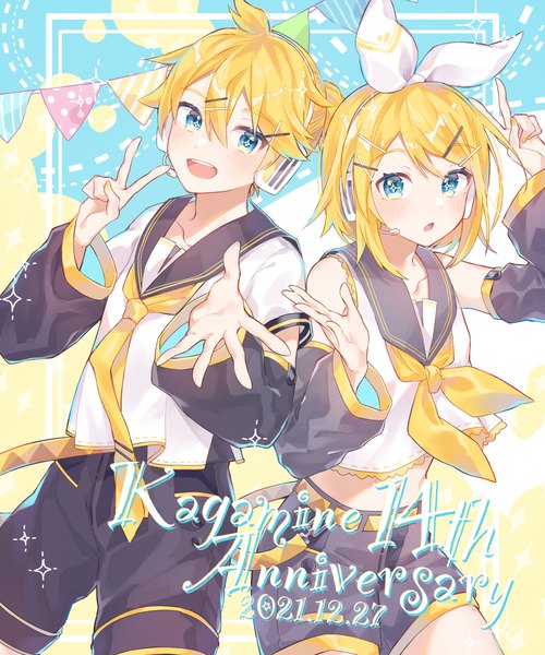 Anime picture 2500x3000 with vocaloid kagamine rin kagamine len kurobikari tall image looking at viewer fringe highres short hair open mouth blue eyes blonde hair hair between eyes :d :o dated victory framed sailor collar anniversary