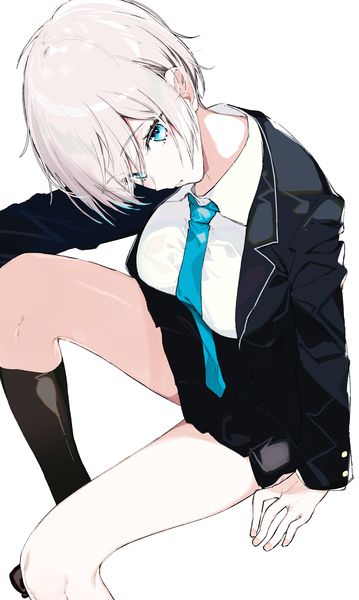 Anime picture 1800x3003 with original kayahara (kayaka) single tall image looking at viewer fringe highres short hair blue eyes simple background white background sitting bent knee (knees) white hair long sleeves head tilt pleated skirt hair over one eye girl skirt