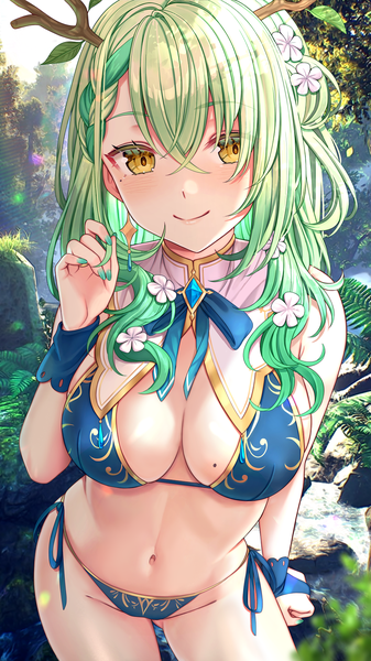 Anime picture 1000x1780 with virtual youtuber hololive hololive english ceres fauna saruei single long hair tall image looking at viewer blush fringe breasts light erotic smile hair between eyes large breasts standing yellow eyes outdoors braid (braids)
