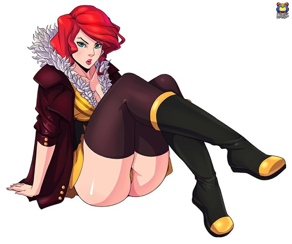 Anime picture 1000x837 with transistor (game) red (transistor) kyoffie12 single looking at viewer short hair breasts blue eyes light erotic simple background white background ass red hair lips open clothes open jacket legs girl thighhighs underwear